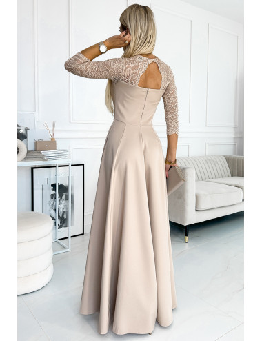  309-10 AMBER koronkowa elegancka długa suknia z dekoltem i rozcięciem na nogę - BEŻOWA  