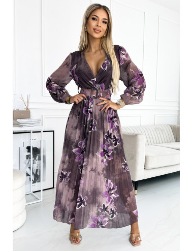  520-1 Plisowana szyfonowa długa sukienka z dekoltem, długim rękawkiem i szerokim paskiem - FIOLETOWE DUŻE KWIATY  