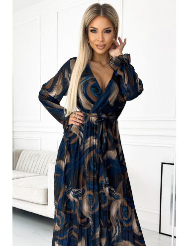  519-1 Plisowana szyfonowa długa sukienka z dekoltem, długim rękawkiem i paskiem - NIEBIESKO-BEŻOWE FALE  