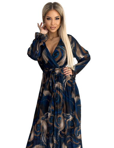  519-1 Plisowana szyfonowa długa sukienka z dekoltem, długim rękawkiem i paskiem - NIEBIESKO-BEŻOWE FALE  