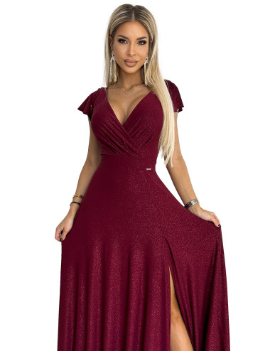  411-8 CRYSTAL połyskująca długa suknia z dekoltem - BORDOWA  