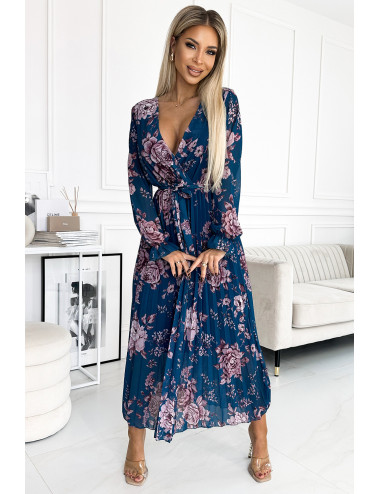  519-3 Plisowana szyfonowa długa sukienka z dekoltem, długim rękawkiem i paskiem - NIEBIESKA w kwiaty  