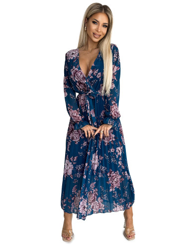  519-3 Plisowana szyfonowa długa sukienka z dekoltem, długim rękawkiem i paskiem - NIEBIESKA w kwiaty  