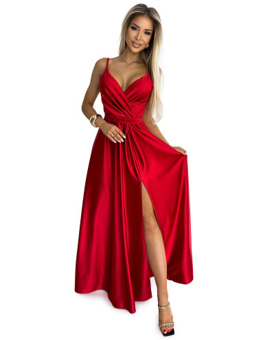  512-5 JULIET elegancka długa satynowa suknia z dekoltem i rozcięciem na nogę  - CZERWONA  