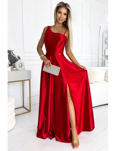  524-1 Długa elegancka satynowa suknia na jedno ramię  - CZERWONA  
