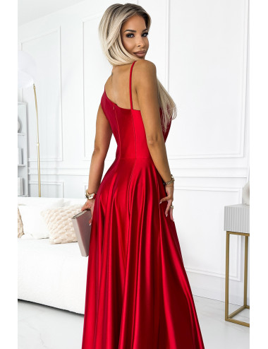  524-1 Długa elegancka satynowa suknia na jedno ramię  - CZERWONA  