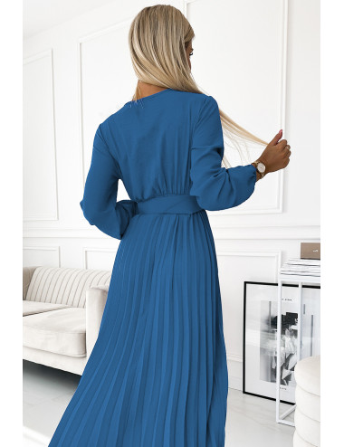  504-5 VIVIANA Plisowana sukienka midi z dekoltem, długim rękawkiem i szerokim paskiem - kolor JEANS  