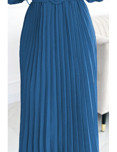  504-5 VIVIANA Plisowana sukienka midi z dekoltem, długim rękawkiem i szerokim paskiem - kolor JEANS  