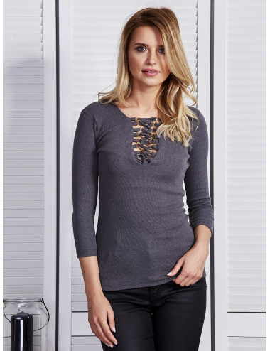Grey blouse with lace-up neckline 