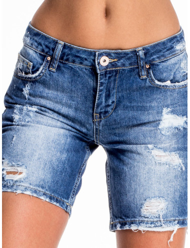 Blue denim shorts with longer leg and abrasions 