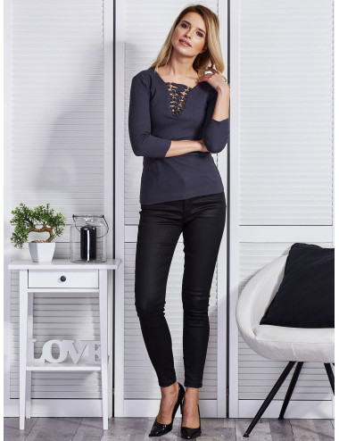 Dark grey blouse with lace-up neckline 