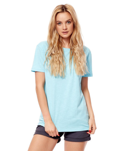 Light blue t-shirt with deep neckline at the back 