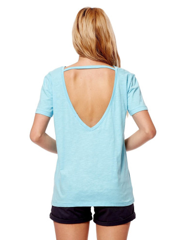 Light blue t-shirt with deep neckline at the back 