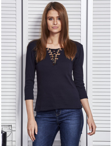 Navy blue blouse with lace-up neckline 
