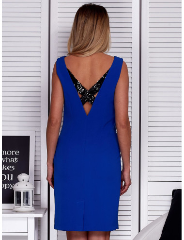 Cobalt dress with sequin inserts and neckline at the back 
