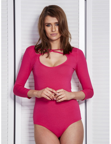 Women's bodysuit dark pink with decorative neckline 