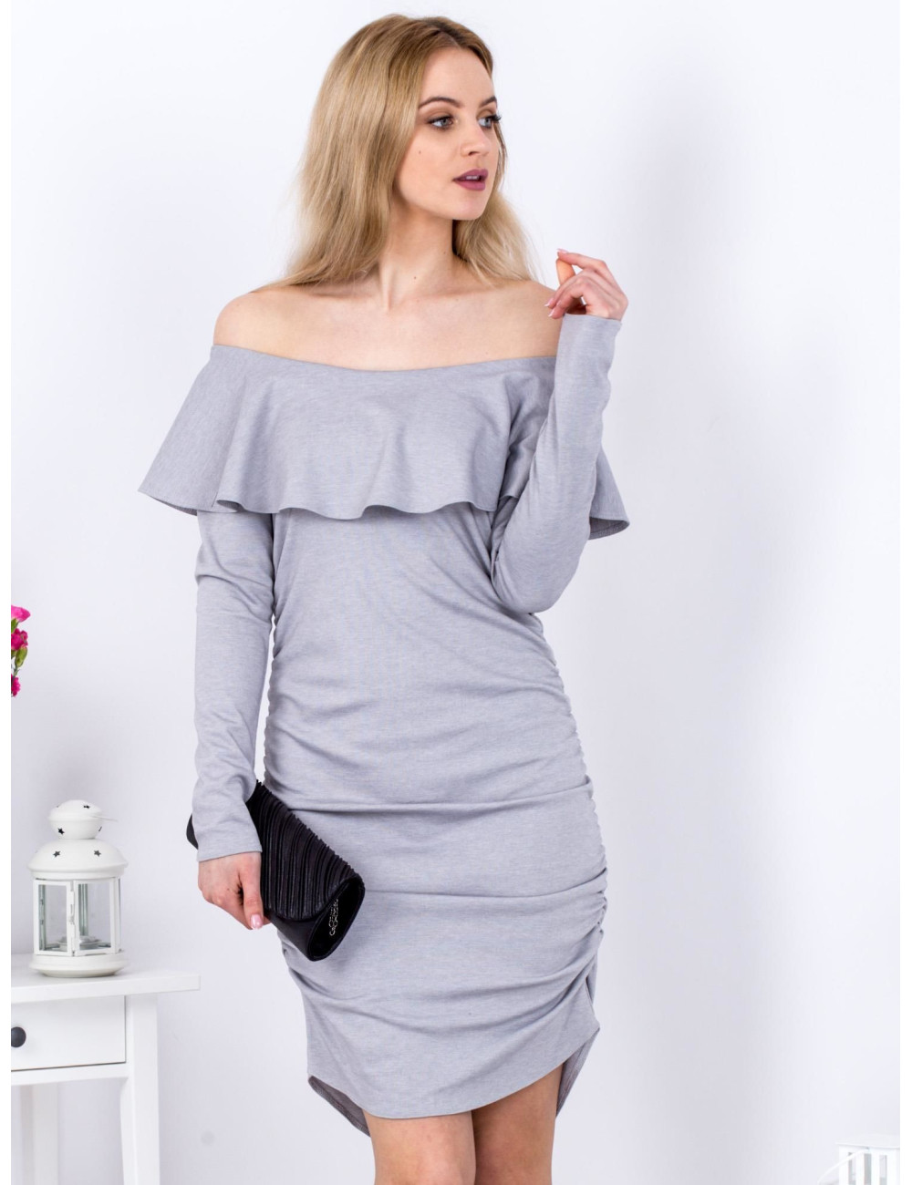 Grey ruffled dress with carmen neckline 