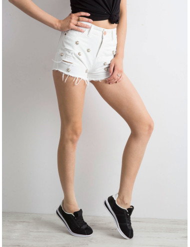 White denim shorts with bead applique 