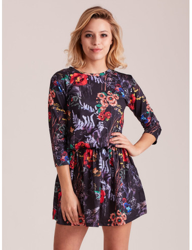 Black dress with colorful floral pattern 