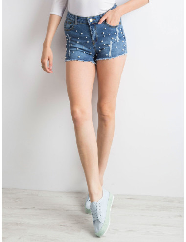 Blue denim shorts with pearls and rips 