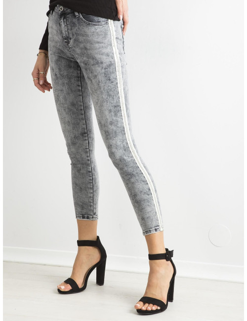 Szare spodnie jeansowe skinny z cekinowymi lampasami 