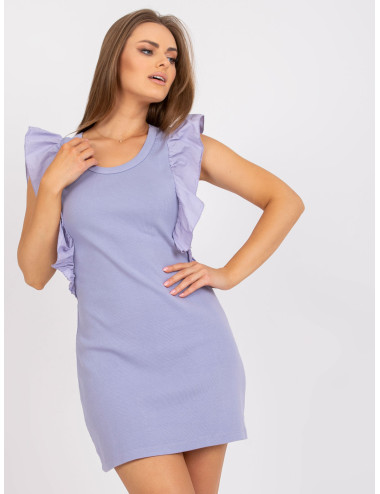 Purple Ribbed Casual Ruffle Dress   