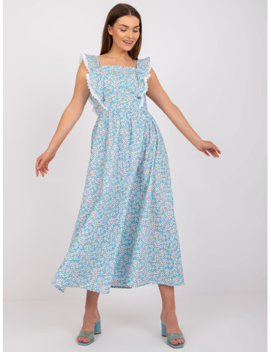 Light Blue Cotton Maxi Dress with Prints 