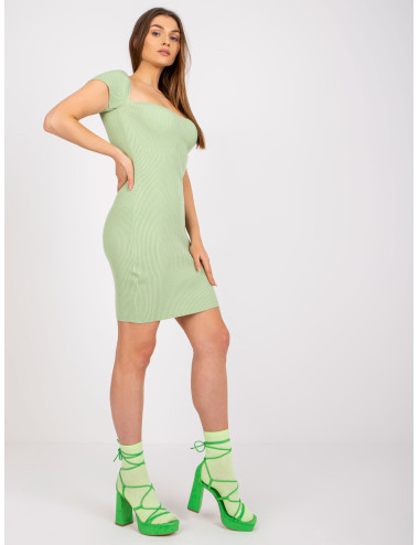 Green Ribbed Casual Short Sleeve Dress 