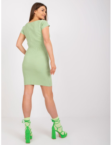Green Ribbed Casual Short Sleeve Dress 