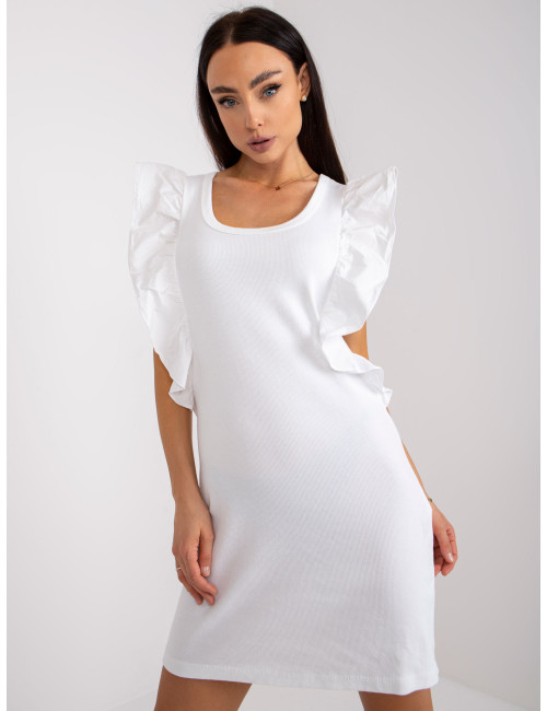 White Ribbed Mini Dress with Ruffles 