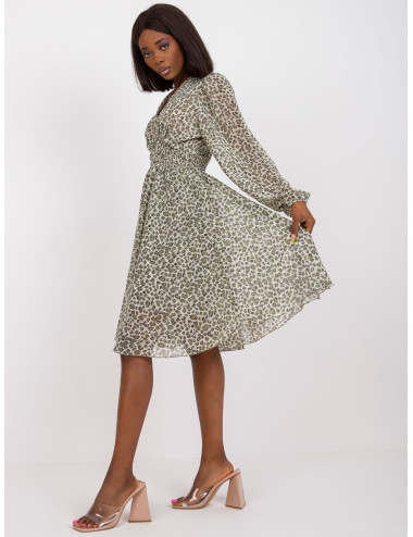 Khaki-beżowa rozkloszowana sukienka midi z printami ZULUNA 