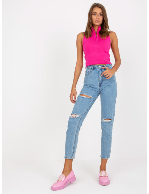 Blue women's mom jeans with holes 