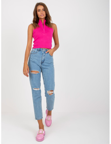 Blue women's mom jeans with holes 