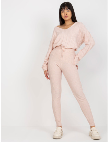 Light pink women's knitted trousers with rib  
