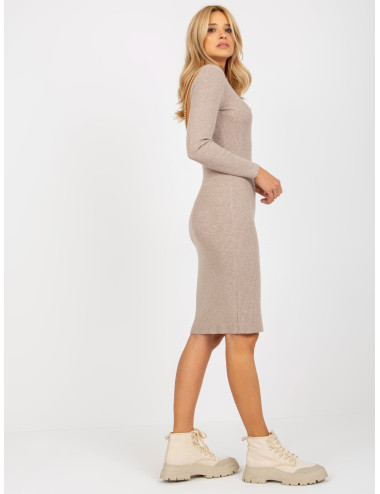 Dark beige knitted dress with a neckline at the back 