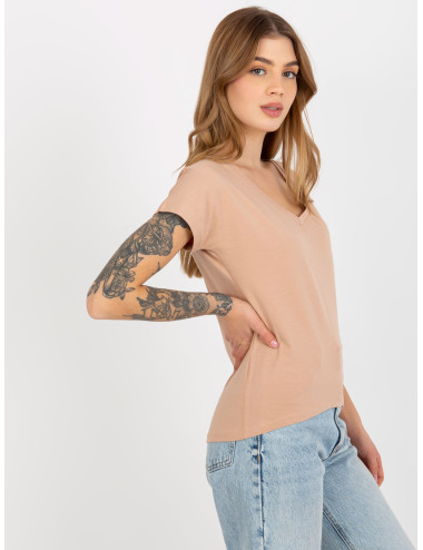 Beige classic basic T-shirt with V-neck  