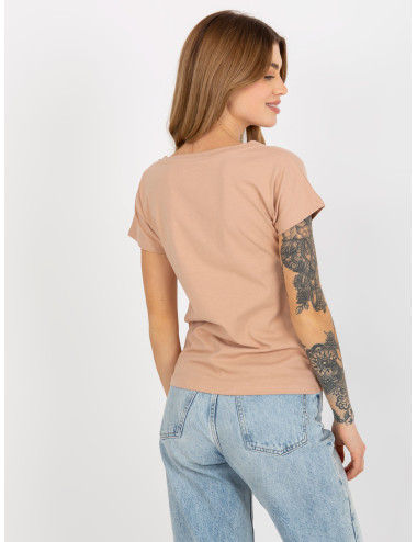 Beige classic basic T-shirt with V-neck  