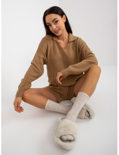 Camel knitted casual set with shorts  