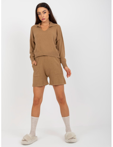 Camel knitted casual set with shorts  