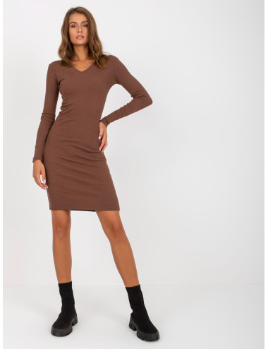 Dark brown basic casual dress with stripes 