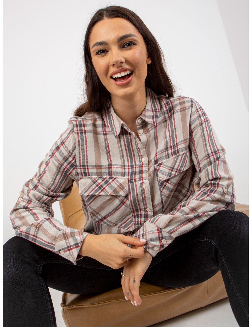 Light beige women's plaid shirt with pockets  