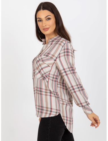 Light beige women's plaid shirt with pockets  