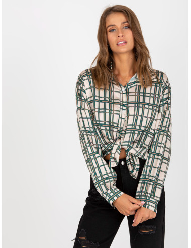 Beige checked shirt with imitation satin 