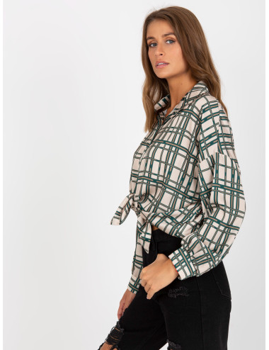 Beige checked shirt with imitation satin 