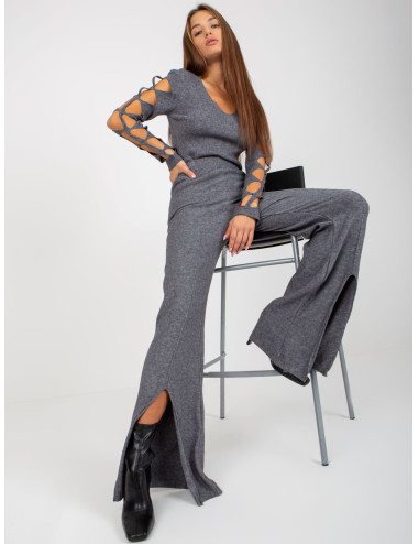 Dark grey wide knit trousers with slit   