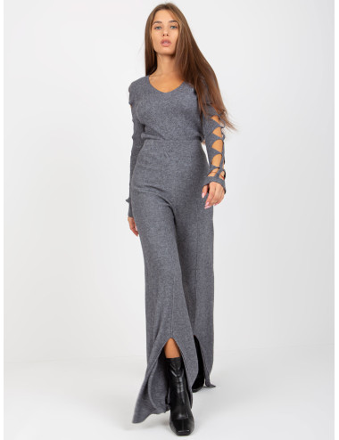 Dark grey wide knit trousers with slit   