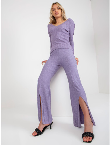 Purple Wide Knitted Pants With Split   