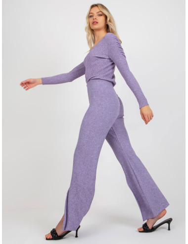 Purple Wide Knitted Pants With Split   