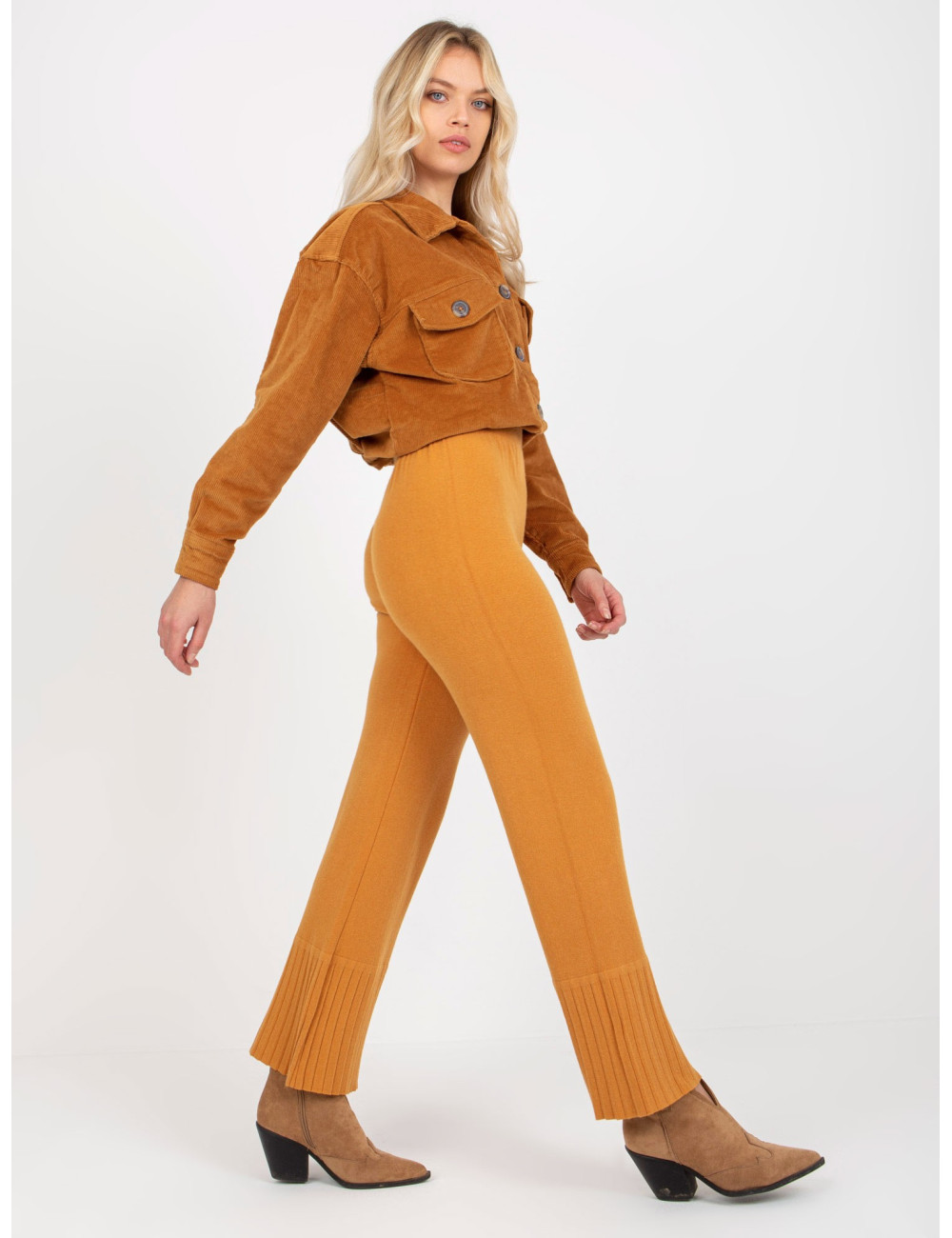 Dark yellow wide knit pants with elastic waist   