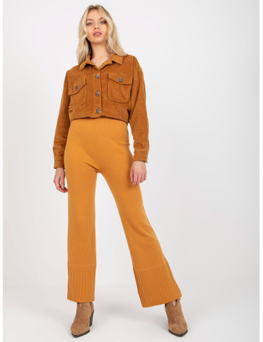 Dark yellow wide knit pants with elastic waist   